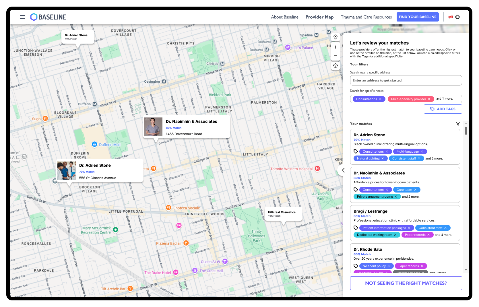 The provider search map view of Baseline, matching preferences and proximity.