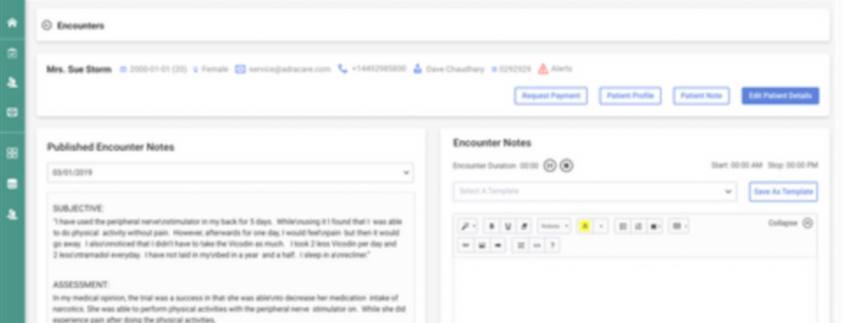 The blurred Encounters interface, displaying total collected insights for a patient across the current and past appointments.