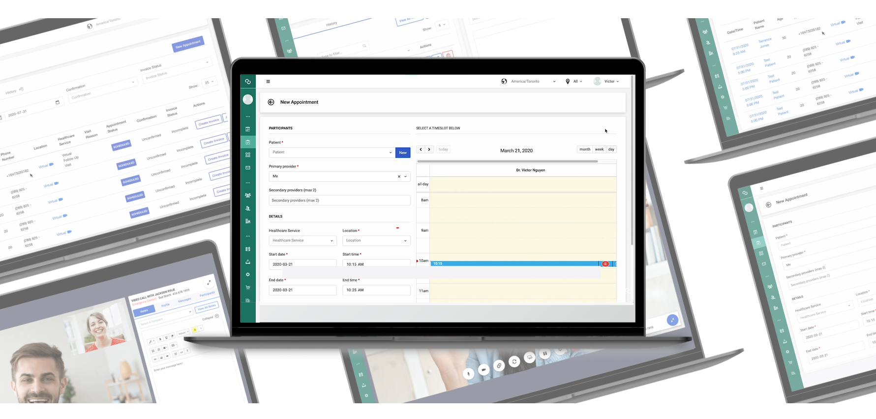 The Adracare virtual conferencing interface on tablet, and booking interface on desktop.