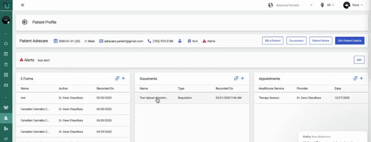 The patient profile, populated with Dummy Data. Showing all critical information for patients.