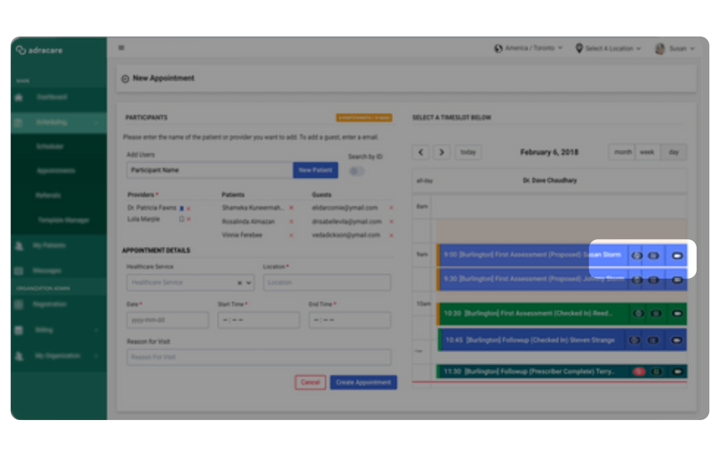 The schedule module, visible from the New Appointment page. Allowing scheduling staff to quickly jump into a call that may be still awaiting a practitioner.