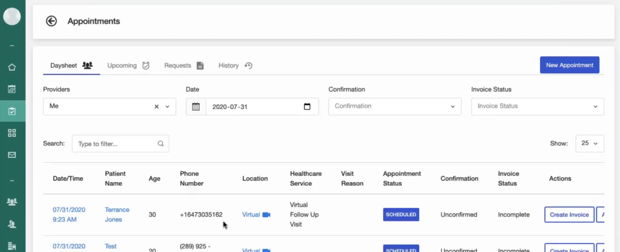 The appointments view for booking staff, navigated to the Daysheet feature which shows all of the day's appointments.