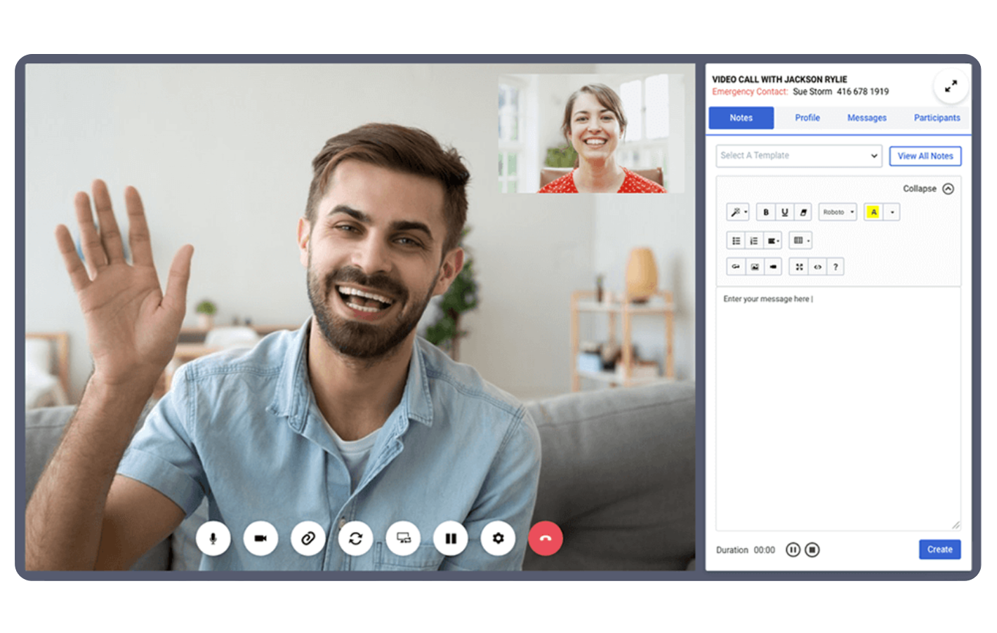 The virtual conferencing interface with the patient note panel visible, allowing practitioners to write notes and look at their patients simultaneously.