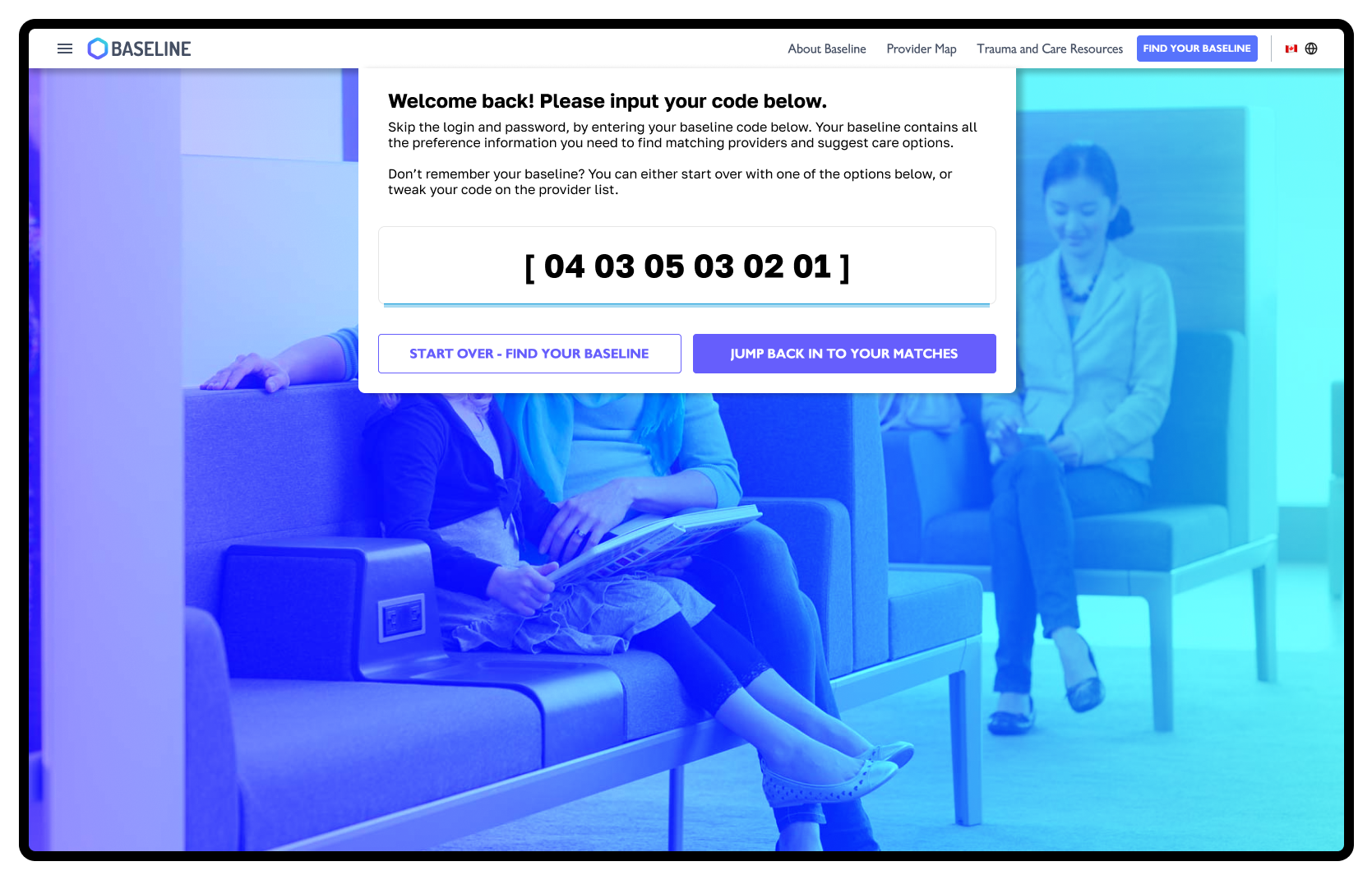The input screen, letting patients enter their Baseline and go straight to search.