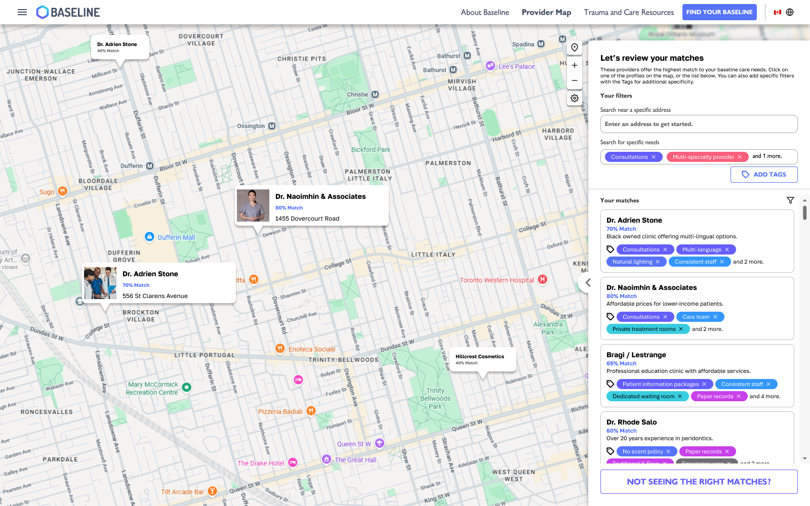 The Baseline provider map for matching with dental practitioners.