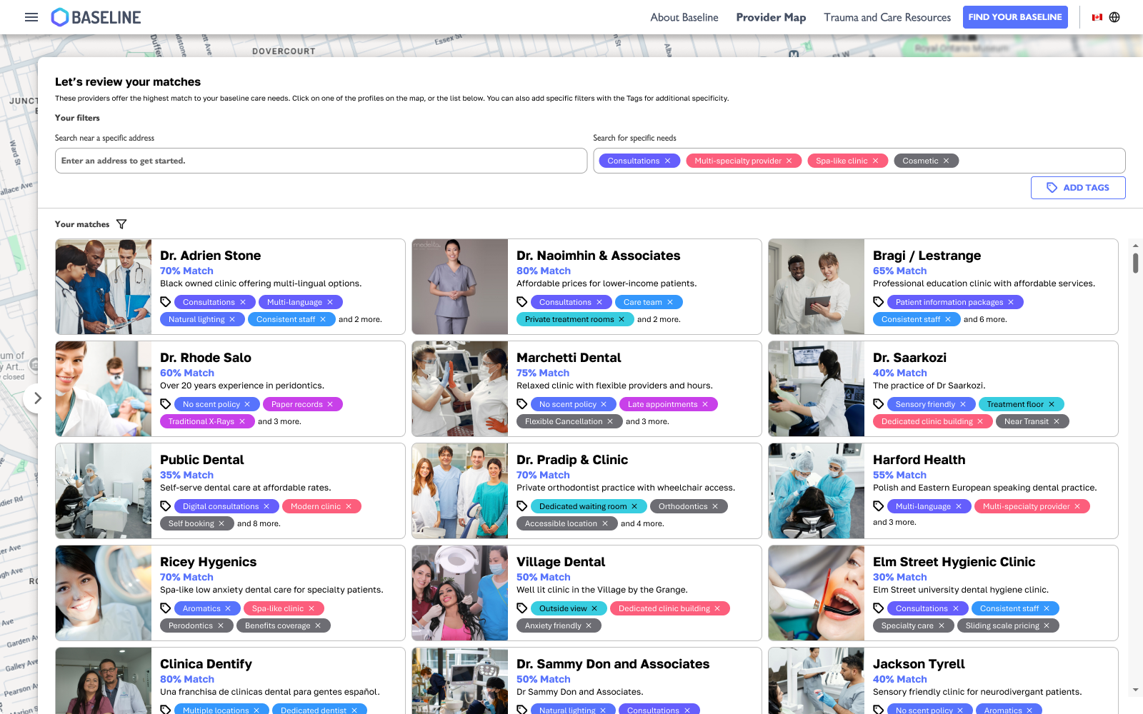 The Baseline provider view for matching with dental practitioners.