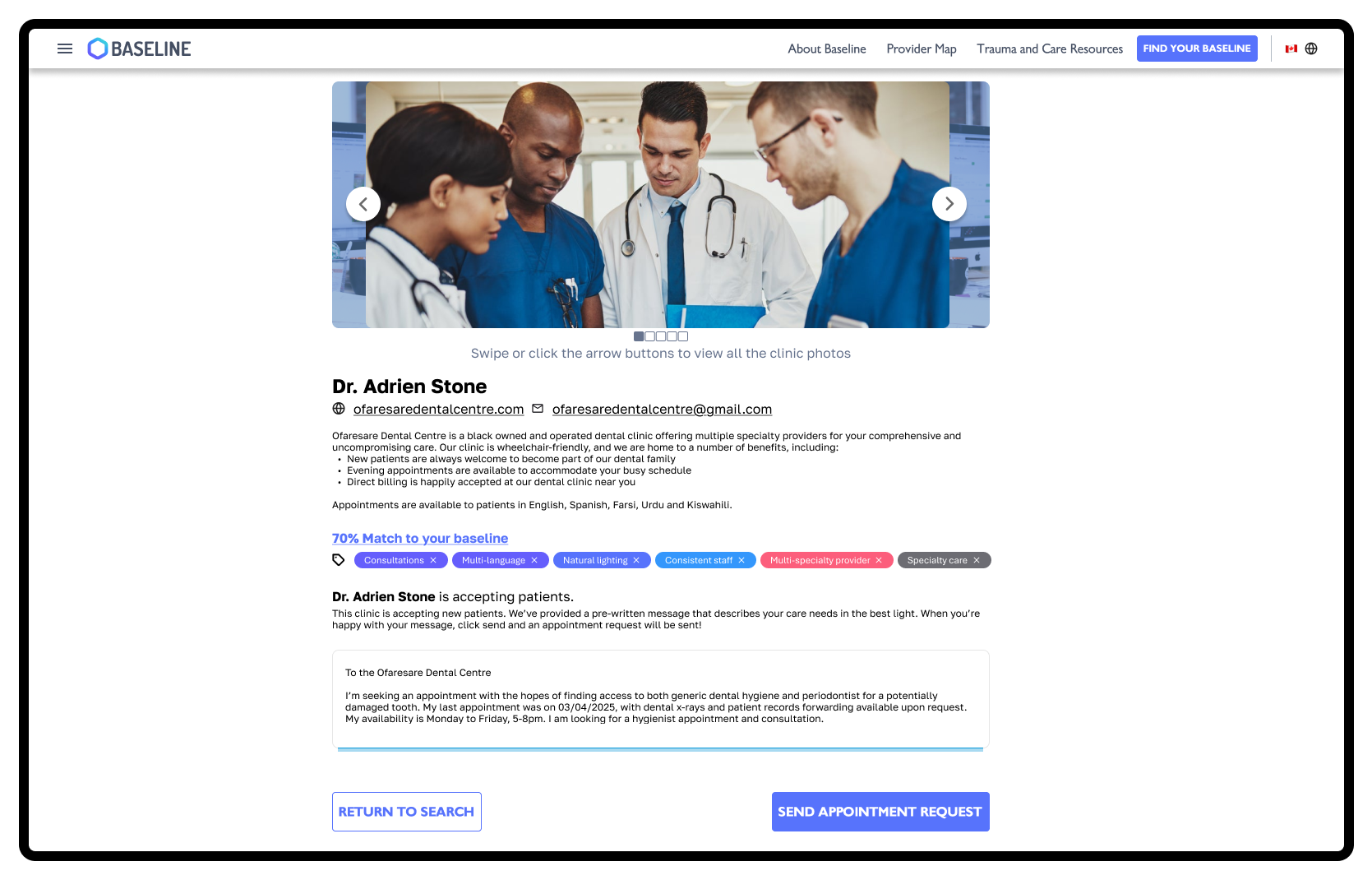 A provider profile view in Baseline, showing services and the ability to message providers.
