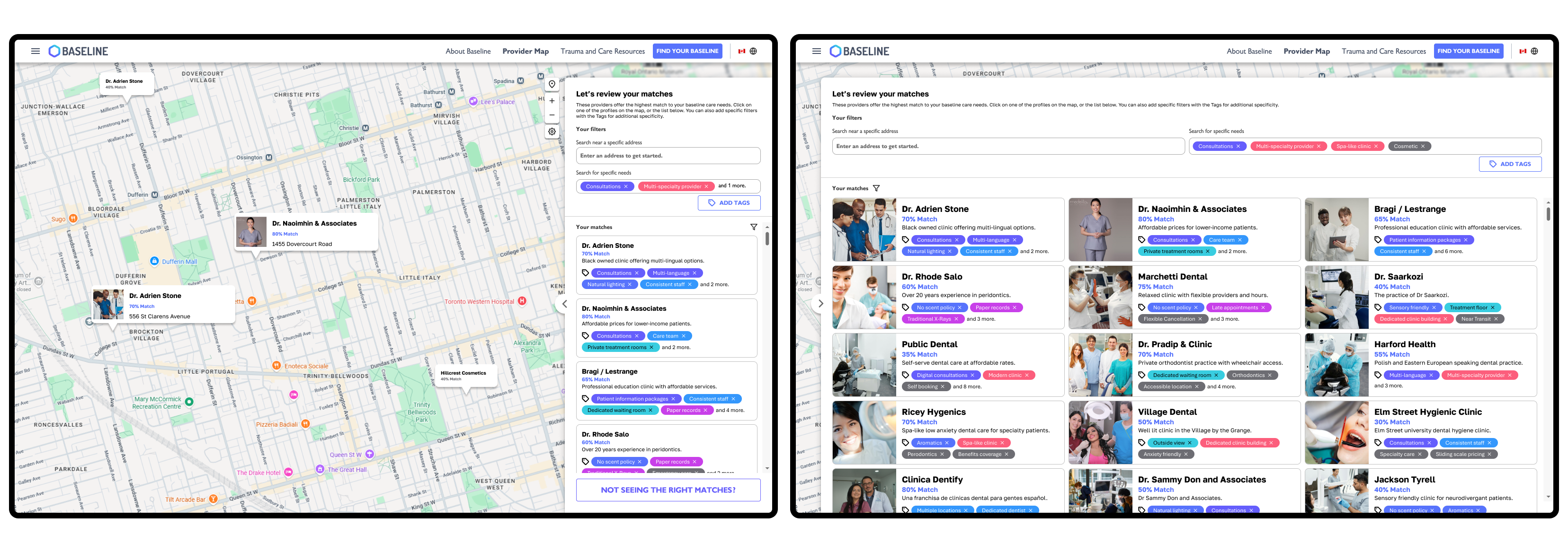 The provider search map view of Baseline, matching preferences and proximity.
