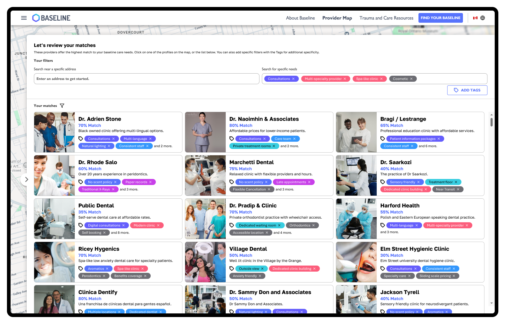 The expanded provider search results view of Baseline, matching preferences and proximity.