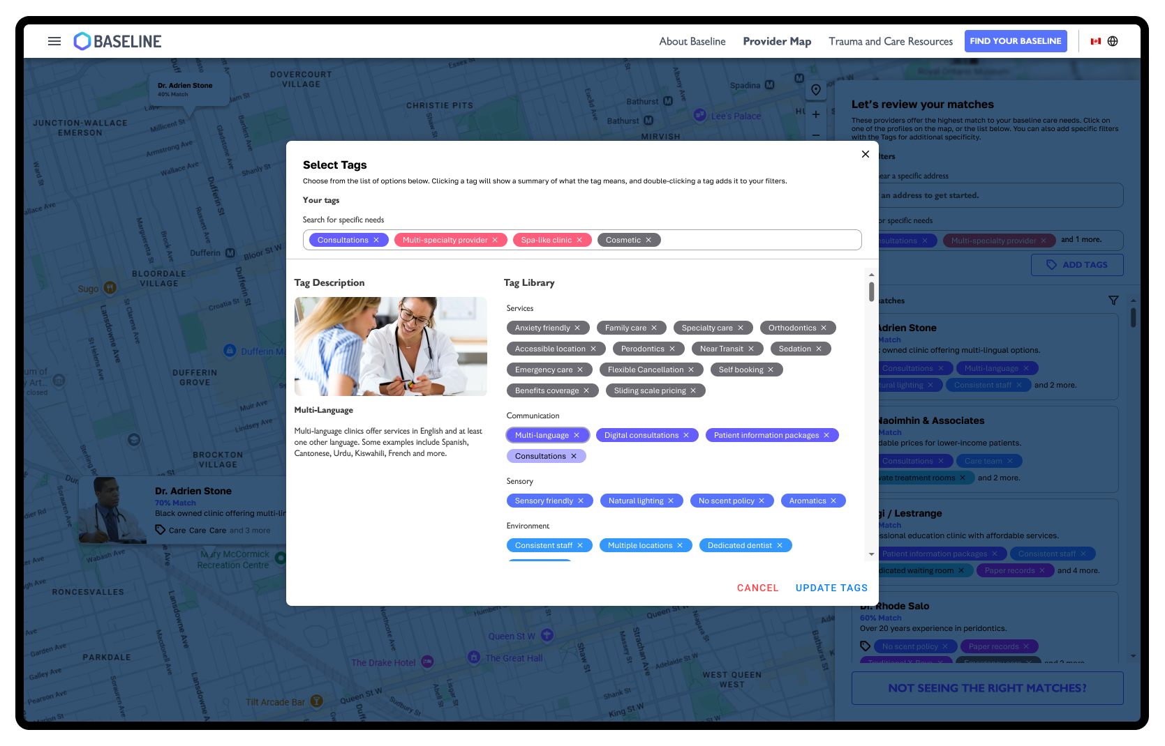 Filter your search in Baseline with tags for both preferences and proximity.